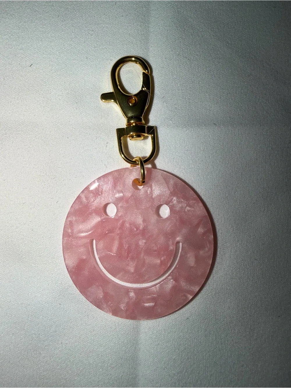 Pink Smiley Face Acrylic Keychain with Gold Clip